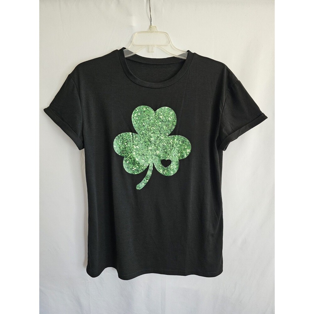 St Patricks Day Shamrock Graphic T Shirt Black Glitter Clover Womens Size XL